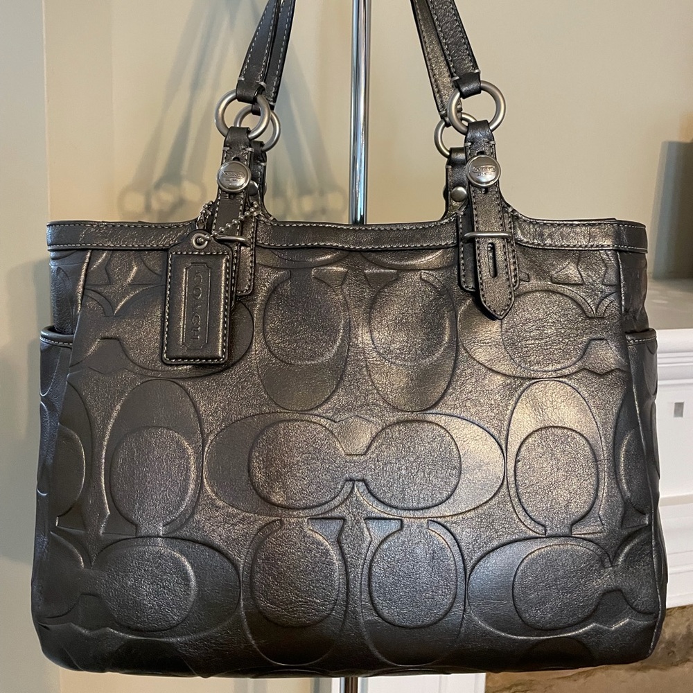 Coach Embossed Signature Gunmetal Tote